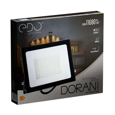 The image shows the packaging of a DORAN LED floodlight.