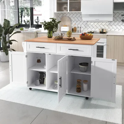 Produktbild von 129*46(71)*91,5cm Esstischwagen /Anrichte mit Klapptischplatte, Inneneinlegeböden in den Schranktüren, Kücheninsel auf 5 Rädern mit Stauschränken und 2 Schubladen, für das Esszimmer, weiß