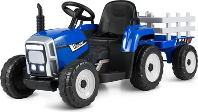 Produktbild von GOPLUS Elektrofahrzeuge mit Anhänger, 3-Gang Elektroauto Traktor mit Fernbedienung, LED-Licht & Musik & Bluetooth, für Kinder ab 3 Jahren, bis 30 kg (Blau)
