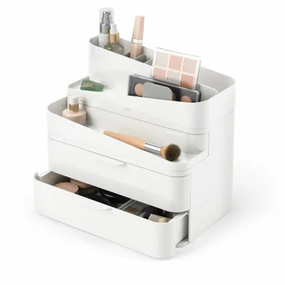 Zdjęcie produktu dla Umbra organizer na kosmetyki Glam L, modułowy do przechowywania kosmetyków do makijażu, plastikowy, biały, szary, 26 x 18 x 25 cm, 1019198-910