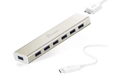 Produktbild von j5create JCH377-N USB-C® 7- Port HUB - EU/UK, USB 3.2 Gen 1 (3.1 Gen 1) Micro-B, USB 3.2 Gen 1 (3.1 Gen 1) Type-A, 5000 Mbit/s, 2048 x 1152, Silber, Aluminium