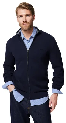 Produktbild von GANT Herren Baumwolle Pique Zip Cardigan Strickjacke, Evening Blue, 3XL EU