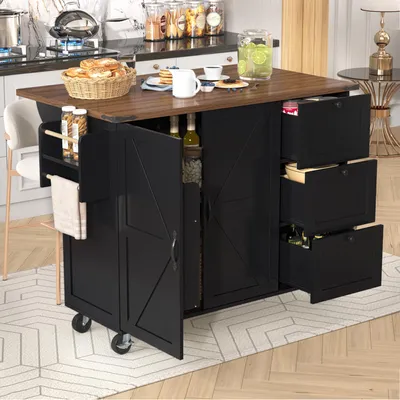 Image de Îlot de cuisine sur roulettes, noir avec finition bois – Chariot de cuisine et meuble de cuisine avec 2 portes et 3 tiroirs, plan de travail coulissant, chariot de service