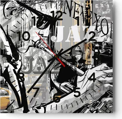 Produktbild von Wanduhr - Quadrat - Glasuhr - Jazz Musik Musiker - 30x30cm - Schleichendes Uhrwerk - Lautlos - zum Aufhängen bereit - Dekoration Modern - Wanddekoration aus Glas - C4AC30x30-3792