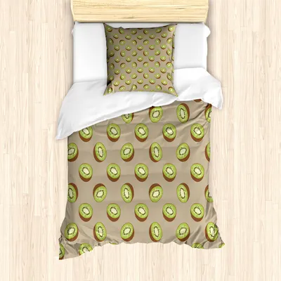 Produktbild von ABAKUHAUS Kiwi Bettbezug Set für Einzelbetten, Halbierte Exotische Frucht-Muster, Milbensicher Allergiker geeignet mit Kissenbezug, 135 cm x 200 cm - 80 x 80 cm, Umber Tan und Lindgrün
