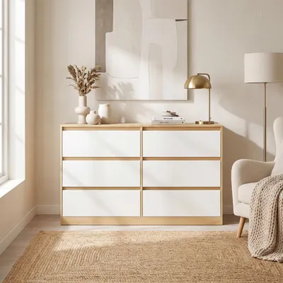 Produktbild von VASAGLE Kommode mit 6 Schubladen Modernes Sideboard für Schlafzimmer 119,4 x 40 x 75 cm Mandelgelb und Weiß