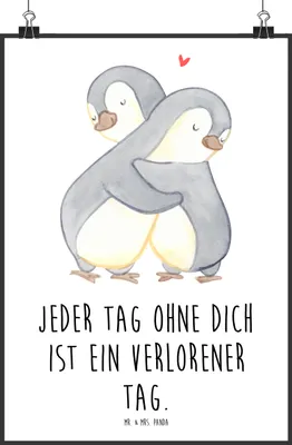 Produktbild von Mr. & Mrs. Panda Bild Pinguine Kuscheln DIN A0 - Weiß - Geschenk, Freundin, Wandbild, drucke, für, Hochzeitstag, Valentinstag, Kunstdruck, Mitbringsel, Plakat, Freund
