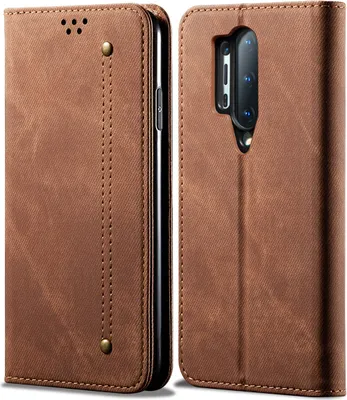 A brown flip-style phone case for a OnePlus 8 Pro is shown from two angles, open and closed.