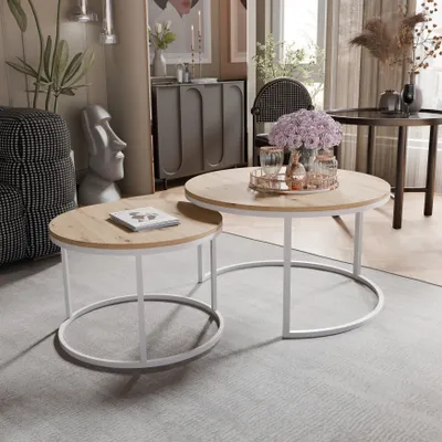 Image de Grekpol Table basse ronde 2en1 Lavo avec piètement métallique Artisan Softisch Set 2er table basse table d'appoint Design moderne Set 2er couleur : blanc / Artisan Softisch