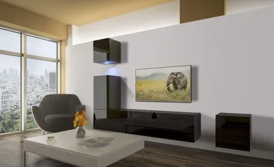 Obrázok produktu pre Furnitech Obývacia stena - Nábytok do obývacej izby s LED diódou Biela - Závesná skrinka Moderné - Police a TV skrinka (AN15-18B-HG1 1A)