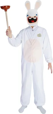 A person wearing a Rabbids costume holding a plunger.