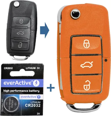 Produktbild von Auto Schlüssel Funk Fernbedienung 1x Gehäuse 3 Tasten Orange + 1x Rohling HA66 + 1x CR2032 Batterie kompatibel mit VW SEAT Skoda