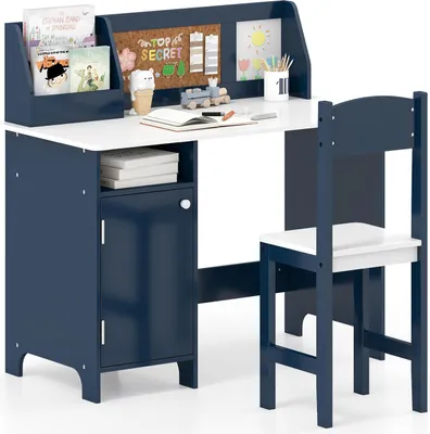 Produktbild von GOPLUS Kinderschreibtisch mit Stuhl, Schülerschreibtisch Set Holz mit Bücherregal, Schrank & Pinnwand, Schreibtisch für Kinder ab 3 Jahren, Blau