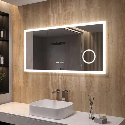 Produktbild von Badspiegel mit LED Beleuchtung Licht und Uhr 120x60cm ECHOS Typ D | Kosmetikspiegel Digital Uhr Touch Sensor Dimmbar Spiegelheizung Kaltweiß 6400K
