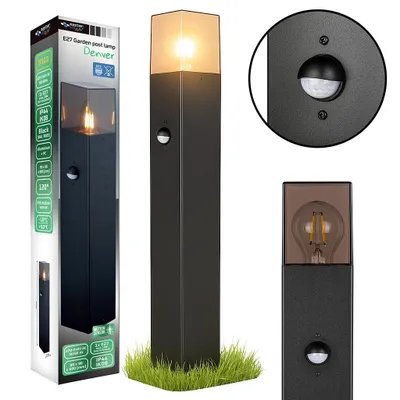 A collage of images showing a black post lamp with a motion sensor, its packaging, and a close-up of the bulb.