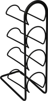 A black metal wine rack with four bottle holders.