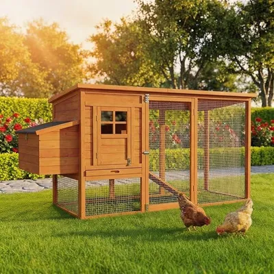 Produktbild von MyAnimal Hühnerstall für 4 Hühner | 174x76x103 cm Winterfest - Vogelhaus - Hühnergehege mit Nistkasten - Voliere - Hühnerhaus - Freilaufgehege Huhn - Legenest - Vogelvoliere (Braun)