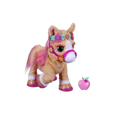 A plush toy pony with a floral headband and bridle, standing next to a pink apple accessory.