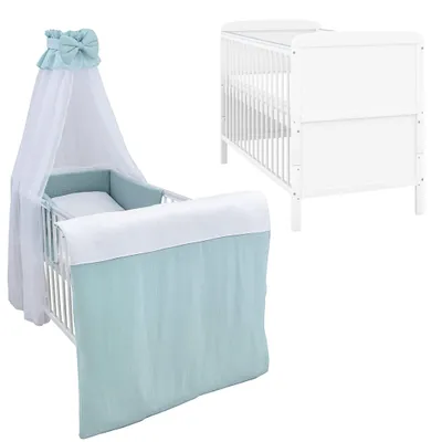 Produktbild von Baby-Delux Babybett Kinderbett Natalie Umbaubar 140x70 Weiß Beißschienen Bettset Komplett mit Motiv Musselin Waffelpique Mint