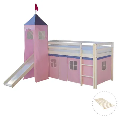 Obrázek produktu pro Hochbett mit Lattenrost 90x200 Turm Rutsche Stockbett Kinderbett Holz Kiefer Vorhang rosa