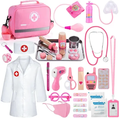 Image de Mallette de docteur pour enfants - Ensemble de jeu médical - Jeu de rôle éducatif - Instruments en bois - 20 x 7 x 30 cm - Non spécifié