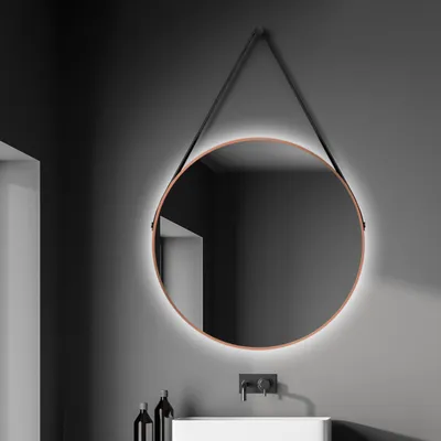 Immagine prodotto di Specchio da parete rotondo Talos Copper Light Matt Ø 80 cm - specchio da bagno con illuminazione indiretta - cinghia di sospensione in pelle - specchio illuminato con luce bianca neutra - cornice in alluminio di alta qualità in rame opaco - specchio da bagno