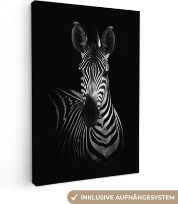Produktbild von MuchoWow® - Leinwandbilder - Zebra - Schwarz - Weiß - Tiere, Wandbild, Wanddeko Bilder Wohnzimmer, 60x90 cm