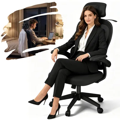 Image de YARDIN Chaise de bureau ergonomique noire, chaise en résille respirante avec appui-tête, accoudoirs rabattables, fonction d'inclinaison à 125°, chaise de bureau pouvant supporter jusqu'à 150 kg