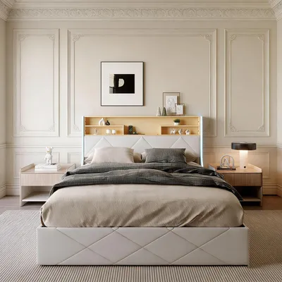 Immagine prodotto di Letto matrimoniale con rete a molle INONEFT, 160x200 cm, con illuminazione LED e porte USB/Type-C, struttura imbottita, contenitore a letto, sistema di sollevamento idraulico, adatto anche per ragazzi, rivestito in PU, colore bianco.