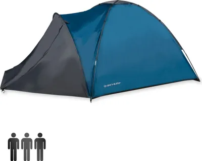 Produktbild von Dunlop 3-Personen-Zelt - Kuppelzelt - Winddicht bis zu 40Km/U - Wasserdicht bis zu 200mm Wasser/u/m2 - Atmungsaktives Nylon - Grau/Blau, 210x220x130cm