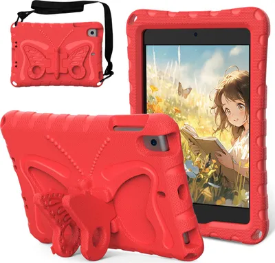 Image de Étui pour iPad mini 5/mini 4/mini 3/mini 2/mini 1, étui léger EVA anti-choc avec bandoulière et support papillon Rouge
