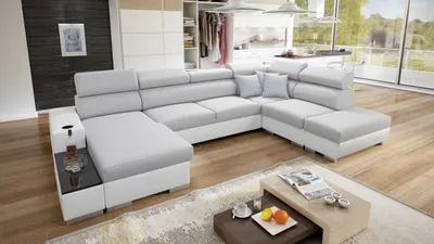 Produktbild von Wohnlandschaft in U-Form PERS VI Ecksofa Eckcouch mit Schlaffunktion (Grau LUXO 6601 + weißes Kunstleder, Links)