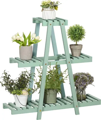 Produktbild von Pflanzenregal Mit 3 Stufen Blumenregal Für 6 Blumentöpfe, Pflanzentreppe Für Garten, Holz, Hellgrün, 76X26X76Cm