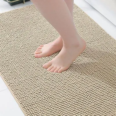 Productafbeelding van Chenille Badmat, antislip badkamerteppich, wasbaar badtapijt, zacht badvoorlegger, absorberend douchegordijn voor badkamer - 60 x 90 cm, donkerbeige