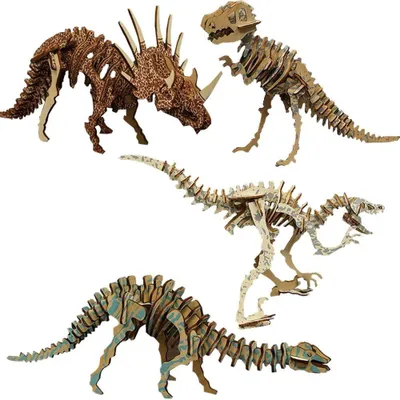 Image de Jeu de 4 puzzles en bois naturel 3D représentant des dinosaures, pour enfants
