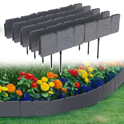 Produktbild von LZQ Rasenkante Steinoptik 2,5 m, Beetumrandung Mähkante aus Kunststoff, Beeteinfassung Gartenzaun mit 10 Erdankern, 10 Elemente (25x20 cm), Anthrazit
