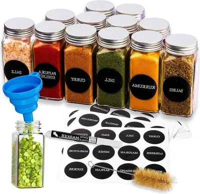 Produktbild von Gläserne Kräuterbehälter Set 12-teilig - inklusive Etiketten und Streuer - Glasbehälter für Kräuterlagerung