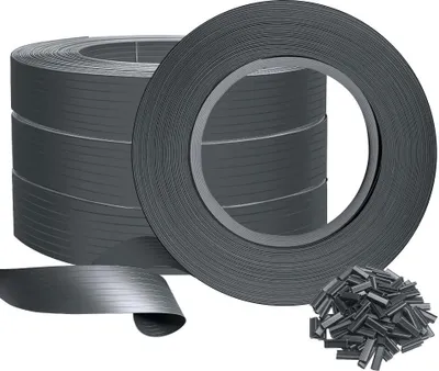 Several rolls of grey PVC privacy screening strips and a pile of clips are displayed against a white background.