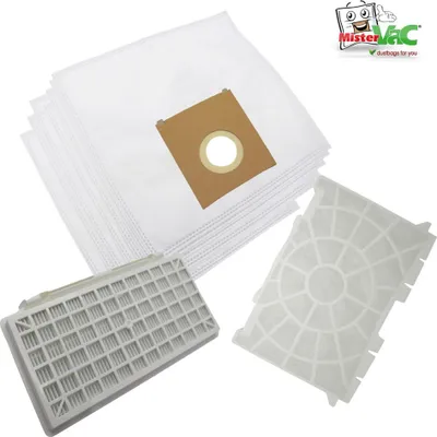 A stack of white vacuum cleaner bags and two filters are arranged on a white background. A logo is visible in the upper right corner.