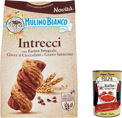 Produktbild von 6x Mulino Bianco Intrecci Biscotti kekse mit Vollkornmehl, cookies Tropfen Schokolade und Buchweizen 300 g + Italian gourmet polpa 400g