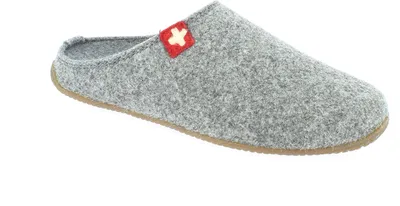 A single gray slipper with a red and white Swiss cross logo on a white background.