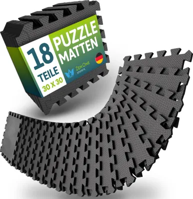 Produktbild von ZenOne Sports® Bodenschutzmatte Fitness I Puzzlematte Boden - 18 Stück, 30x30x1cm I Individuell verlegbare Trainingsmatte für dein Home Gym I Robuste Bodenmatte für Sportgeräte, Schaumstoffmatte