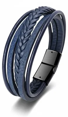 Zdjęcie produktu dla Bransoletka męska skórzana granatowa pleciona stal 316L magnetyczna 21 cm