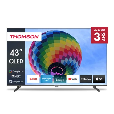 A television set displaying a colorful hot air balloon on its screen, with app logos and product information on the left.