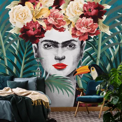 Produktbild von Vlies Fototapete Bumen Frida Kahlo (254x184cm - 2 Bahnen) Kunst Pflanzen Tropische Dschungel Wohnzimmer Schlafzimmer Wandtapete Modern Tapete Latexdruck UV-Beständig Geruchsfrei Hohe Auflösung Montagefertig