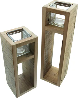 Produktbild von 2x Windlichtsäule Wood Holz & Glas 30+40cm