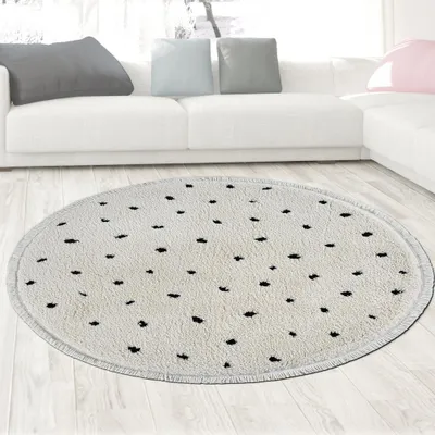 Zdjęcie produktu dla Nowoczesny dywan z wysokim włosiem, miękki i stylowy z wzorem w czarne kropki | Beżowy Rozmiar - 120 cm Okrągły