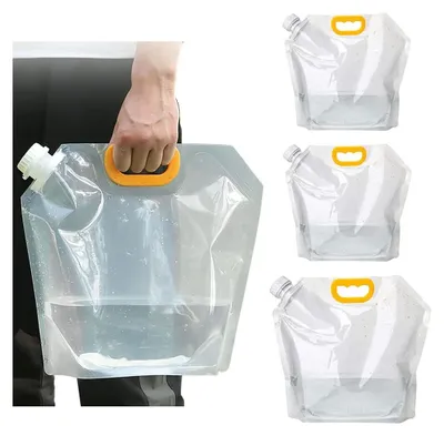 A hand holds a large, clear, collapsible water bag. Three smaller, similar bags are arranged to the right.