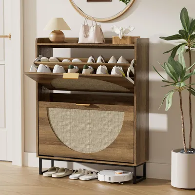 Produktbild von Schuhschrank mit vier Türen - Schmaler Holzschuhschrank - Platzsparendes Design - 80 x 24 x 102 cm