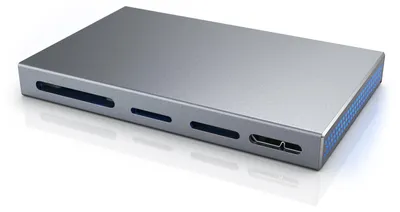 A silver-colored card reader with multiple slots and a USB 3.0 port is shown on a white background.